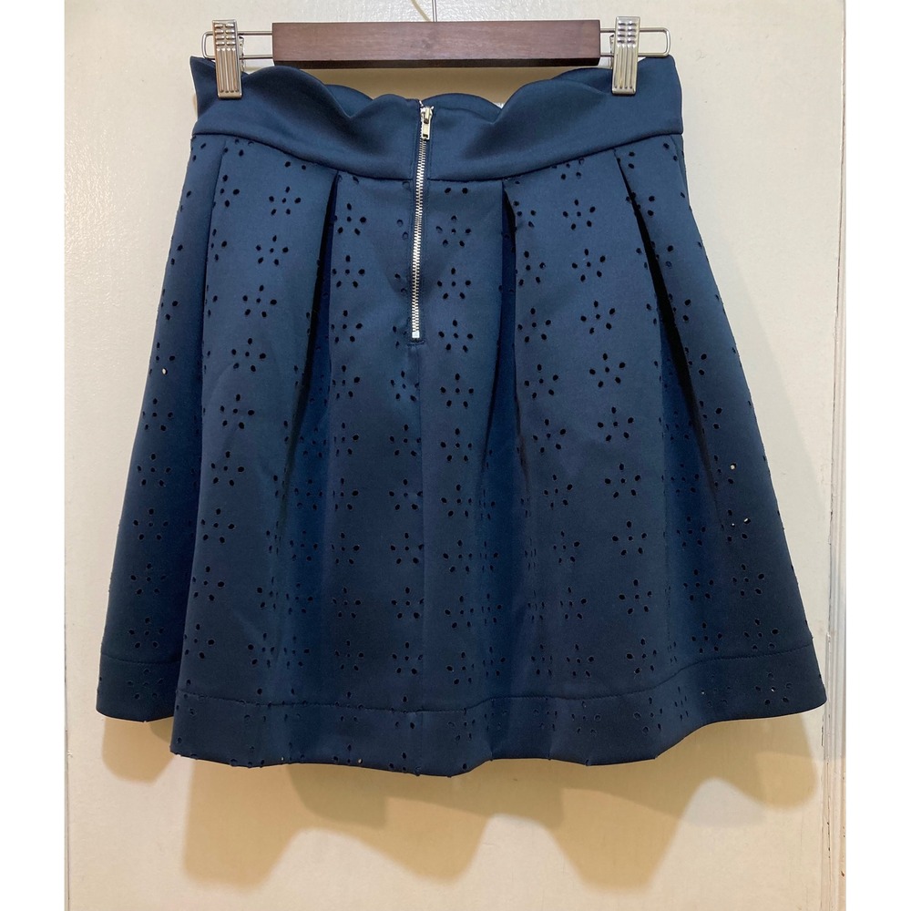 Alya Skater Skirt Womens M Navy Blue Laser Cut Scalloped Waist Pleated Coquette - Picture 2 of 8